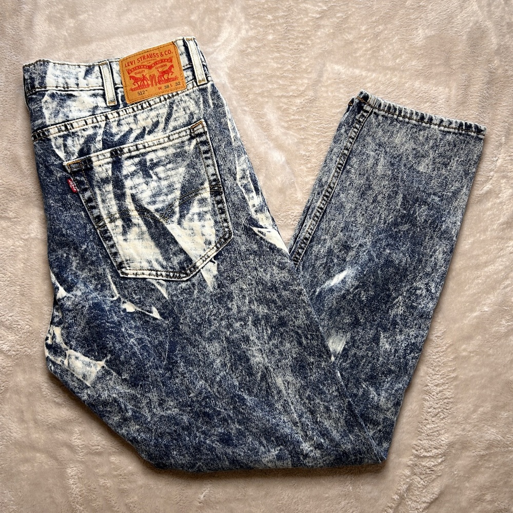 Mens Levis 512 Acid Wash Jeans 39x31 Mid Rise Slim Taper Leg Denim Retro 80s - Picture 1 of 13